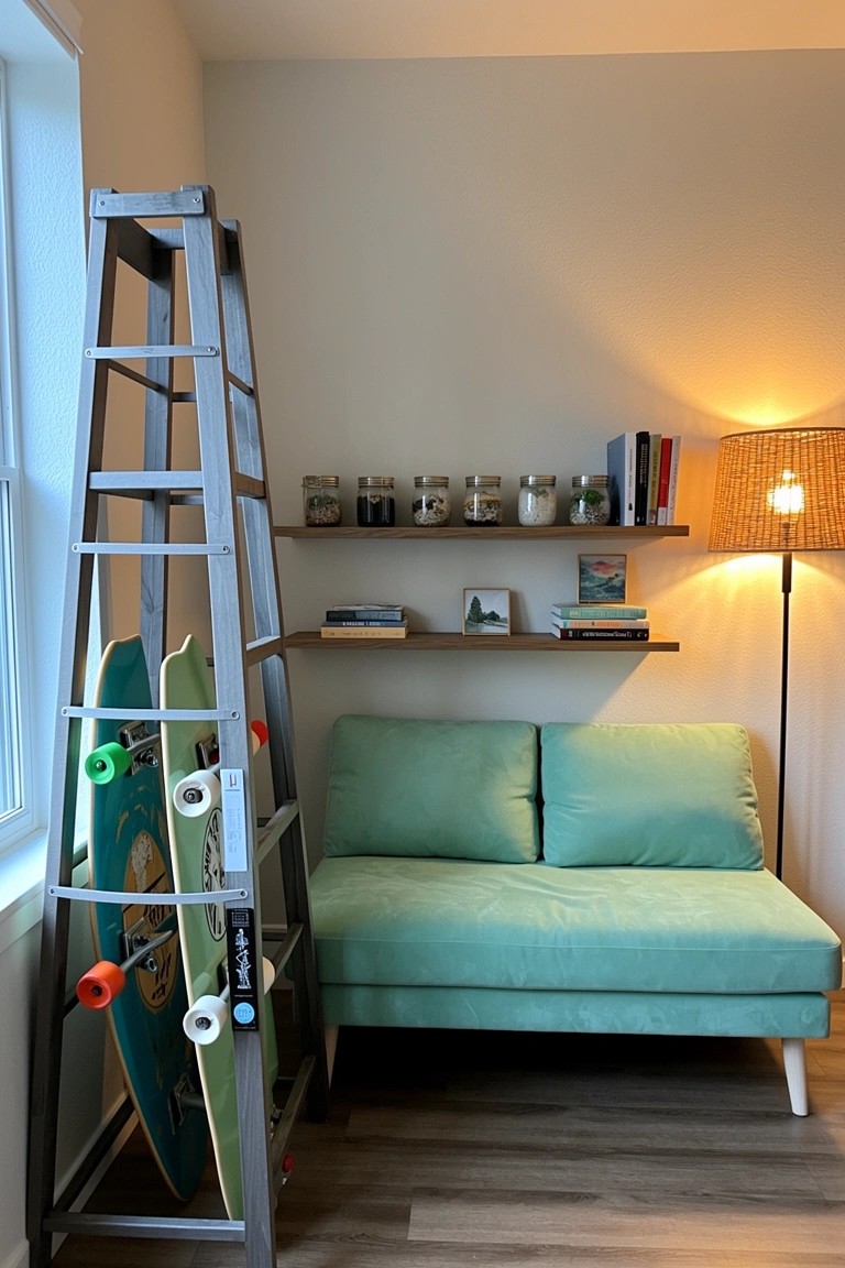 Tall metal ladder against wall holding two surfboards next to green sofa and shelves in neutral room