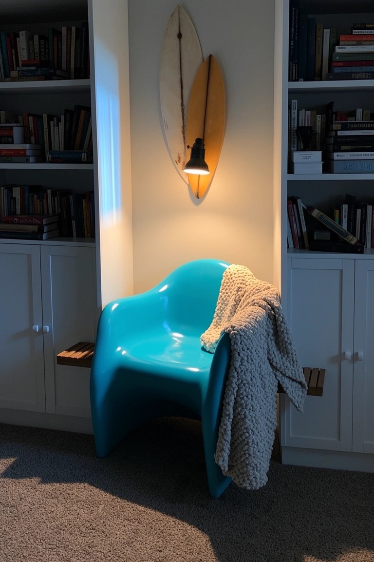 Turquoise chair in book-lined corner under wall-mounted surfboard lamp