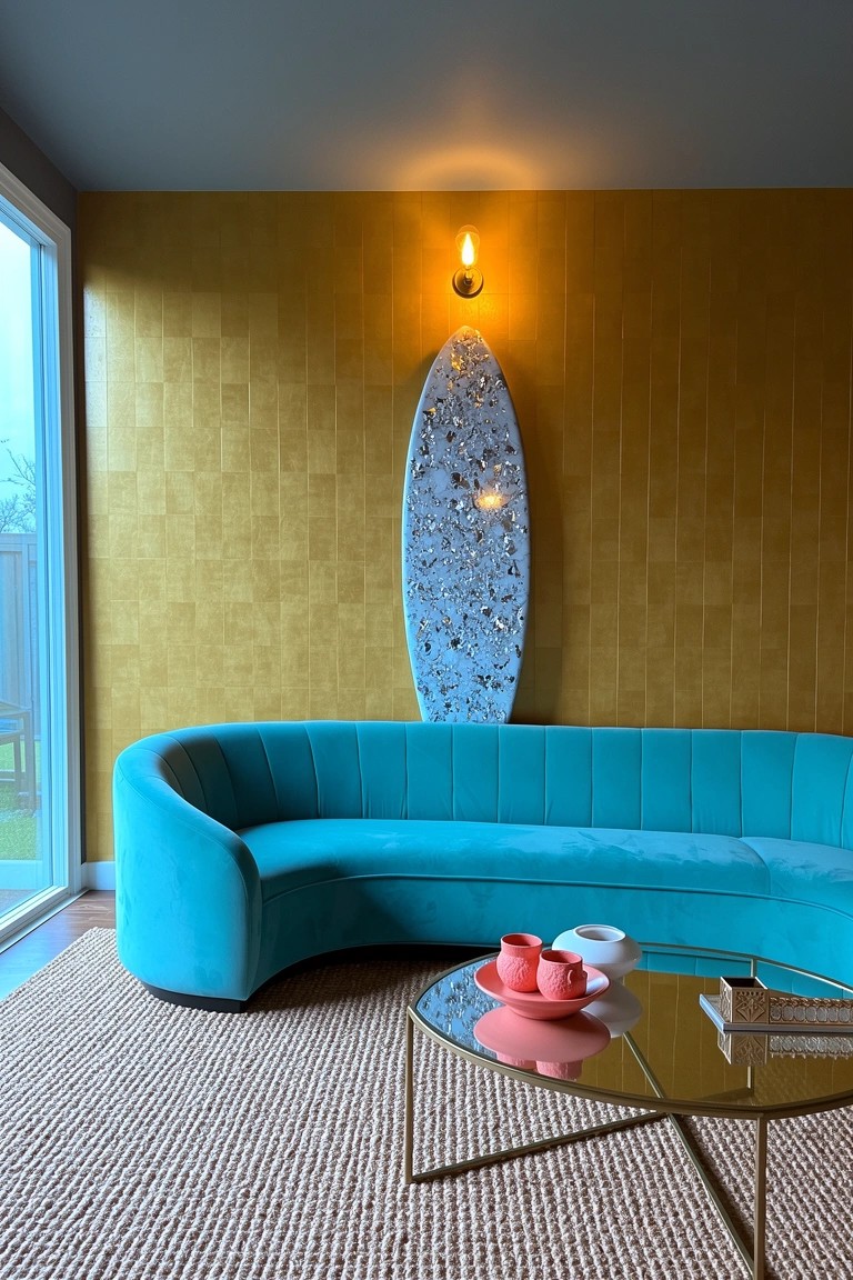 Gold metallic tiled wall with tall white glittery surfboard wall light above turquoise curved sofa, glass coffee table, and pink cups in cozy living room
