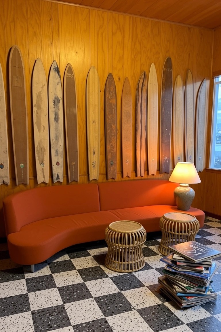 Wooden-paneled wall displaying a collection of vintage surfboards above an orange curved sofa and rattan stools on a checkered floor