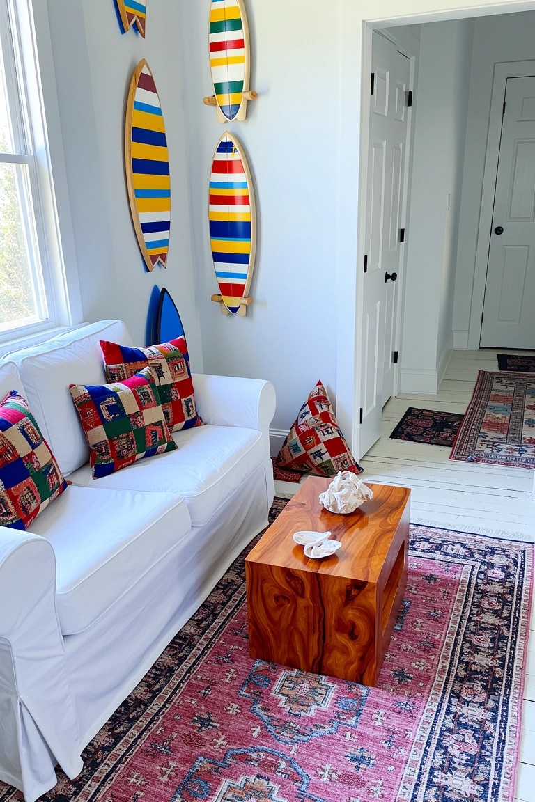 Sunroom nook with colorful surfboards hung on white wall above white slipcovered sofa, pillows, wooden coffee table, shells, and Persian rug