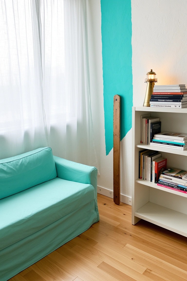 Cozy living room corner with turquoise accent wall, matching turquoise sofa, nautical lighthouse lamp on white bookshelf, and sheer curtains