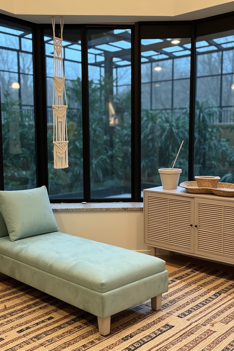 Turquoise velvet chaise lounge in a light-filled room with large windows to greenery, macrame hanger, and wooden cabinet with baskets