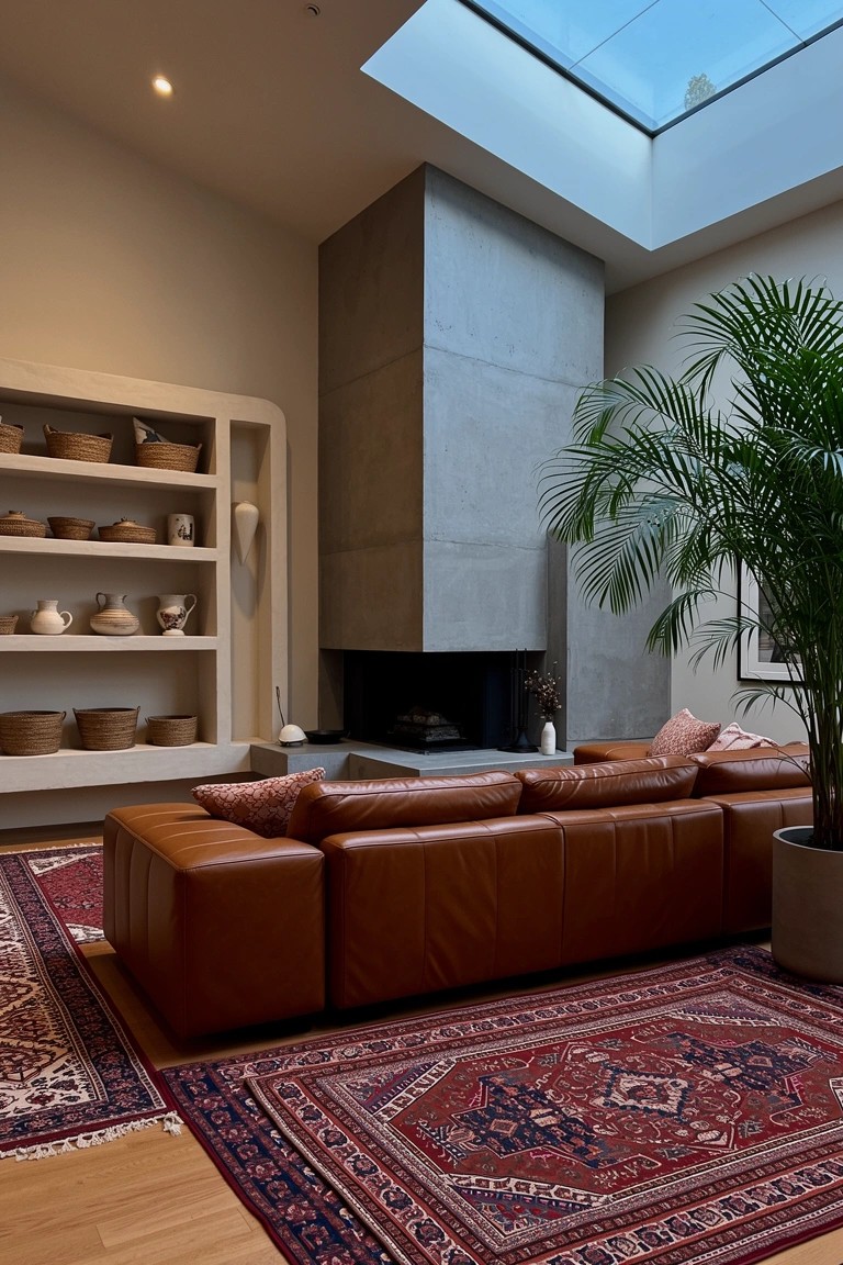 Modern boho living room with tall concrete corner fireplace next to open wooden shelves holding pottery, tan leather sofa on red patterned rug, and tall potted palm plant
