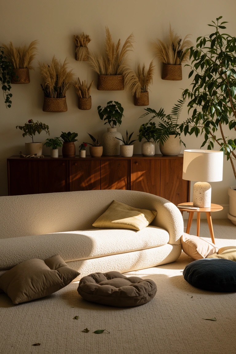 Modern boho living room with walls covered in hanging plants and dried grasses, curved cream sofa, wooden credenza, lamp, and floor pillows