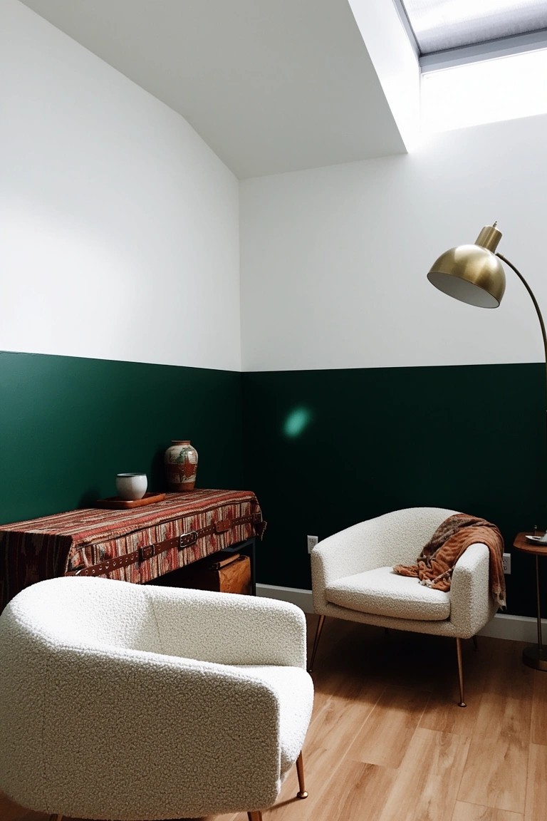 Cozy modern boho seating nook with lower walls painted deep green, upper walls white, two cream curved armchairs, console table with woven textile and ceramics