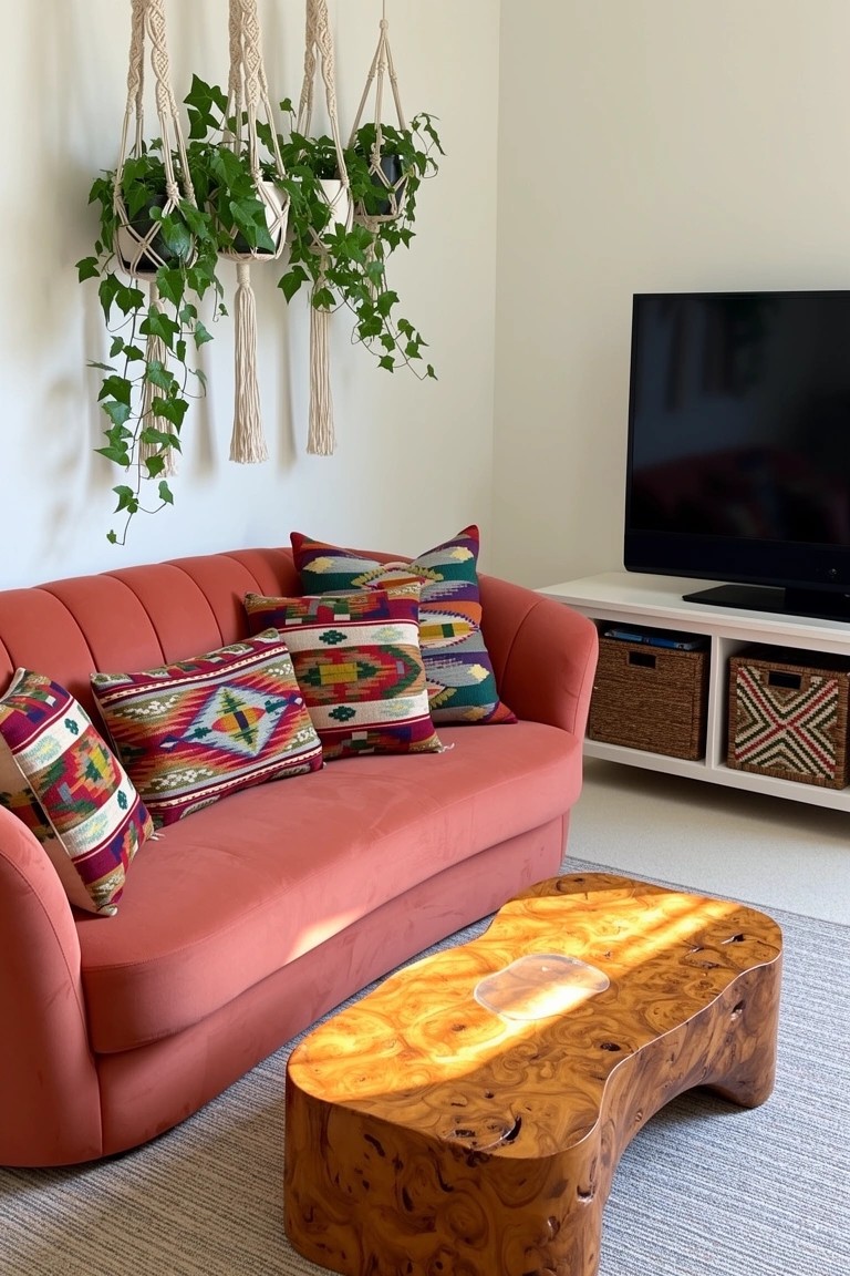Boho living room nook featuring a pink velvet sofa with patterned pillows, macrame hanging plants, and a glowing burled wood coffee table