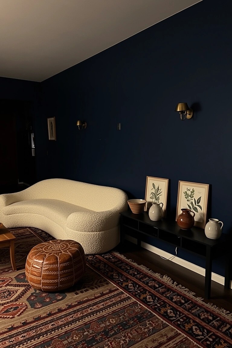 Modern boho living room with deep navy walls, curved white sofa, patterned rug, and console table holding ceramic pots