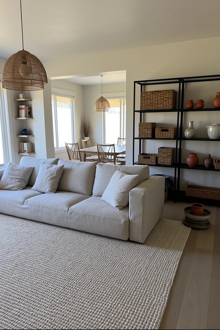 Light-filled living room with black metal shelves stacked with woven baskets and ceramic pots next to a large beige sofa on a cream rug