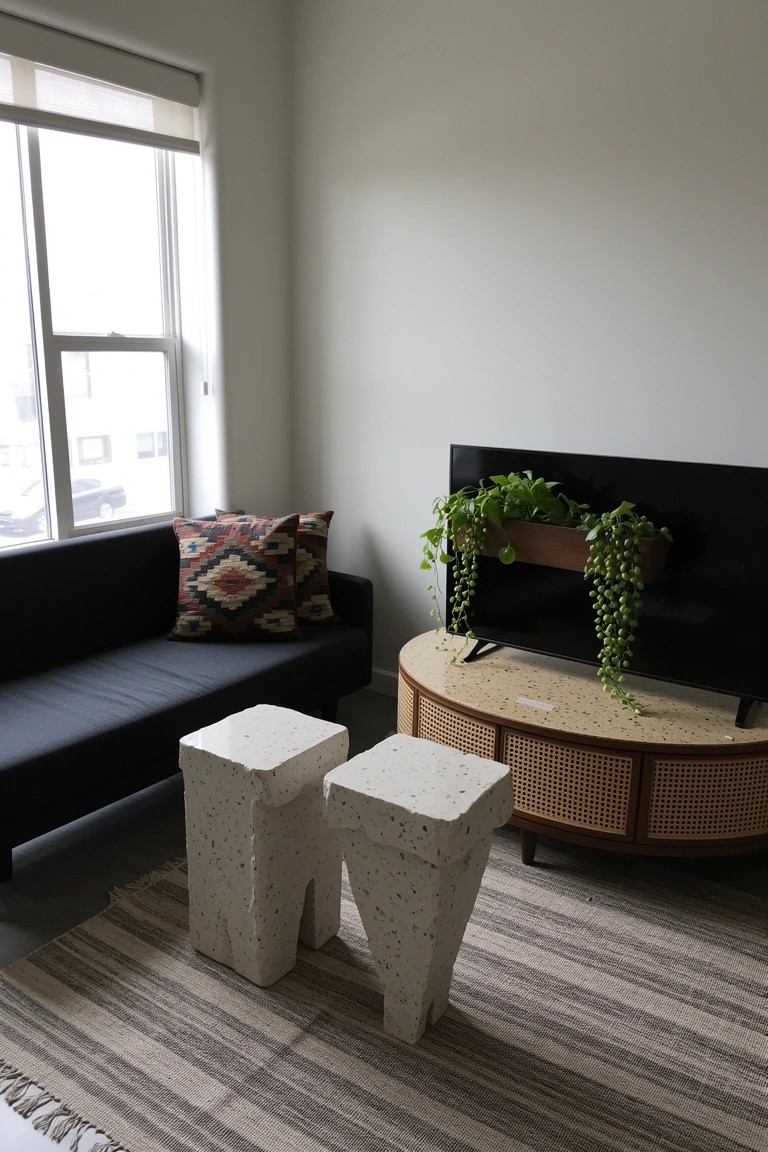 Modern boho living room corner featuring two white pedestal stools flanking a round rattan coffee table, black sofa with patterned pillow, hanging plants over TV, and striped rug
