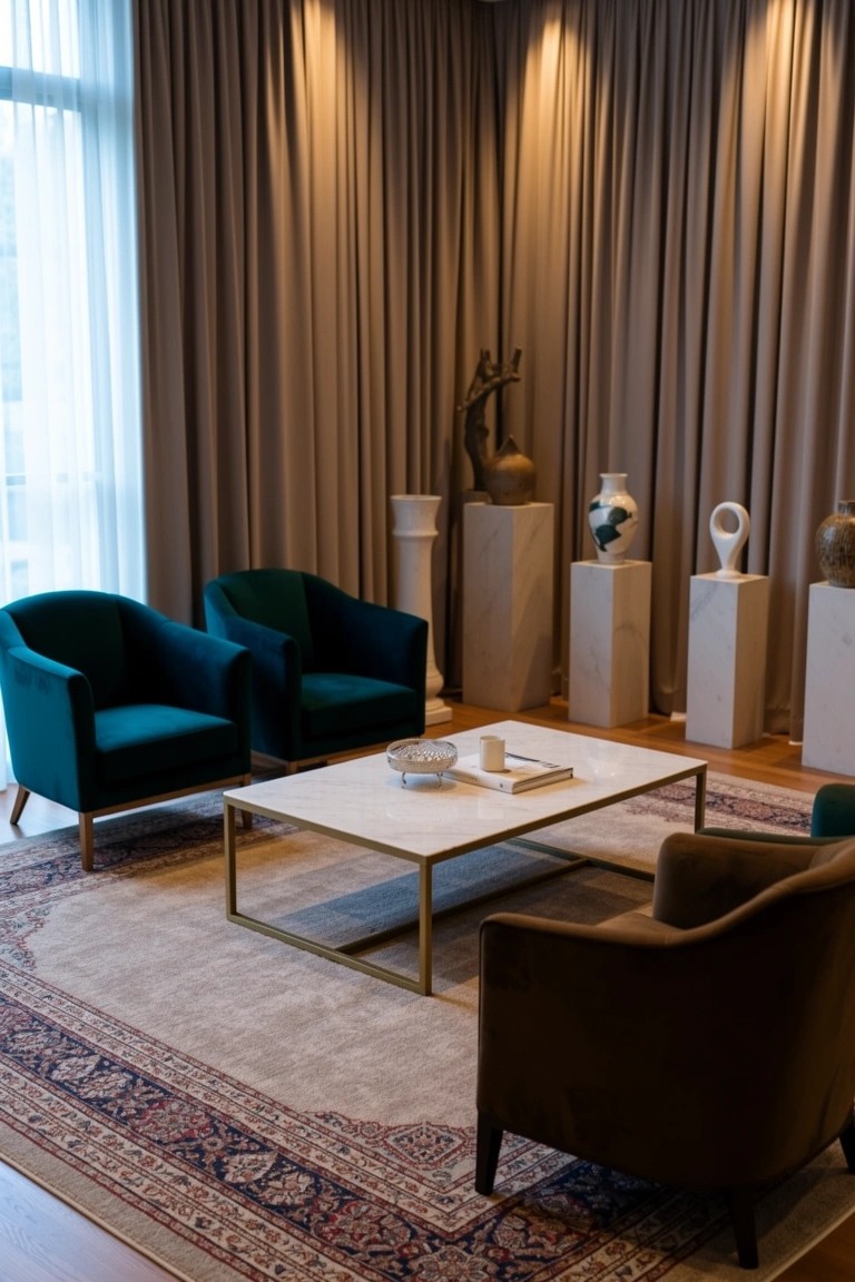 Modern living room with green armchairs around a marble coffee table, neutral rug, and pedestals holding white ceramic sculptures and vases near large curtained windows