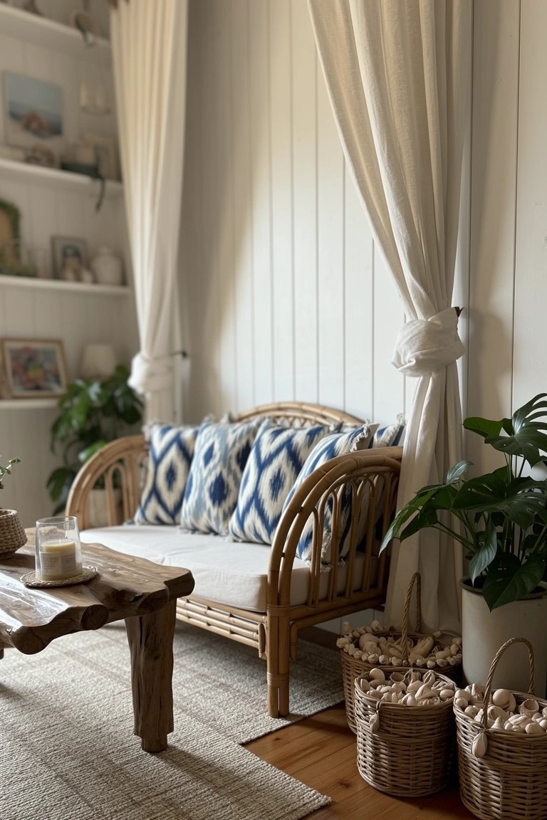 Rattan loveseat with blue ikat cushions on a seagrass rug beside plants and woven baskets in a light paneled room