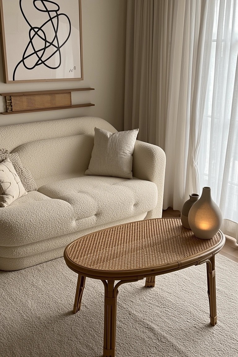 Cream curved sofa with woven rattan coffee table, neutral pillows and ceramic vases in a light neutral living room