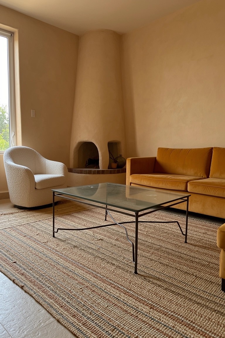 Modern boho living room featuring a rounded adobe-style corner fireplace, orange velvet sofa, cream swivel chair, glass coffee table, and seagrass rug