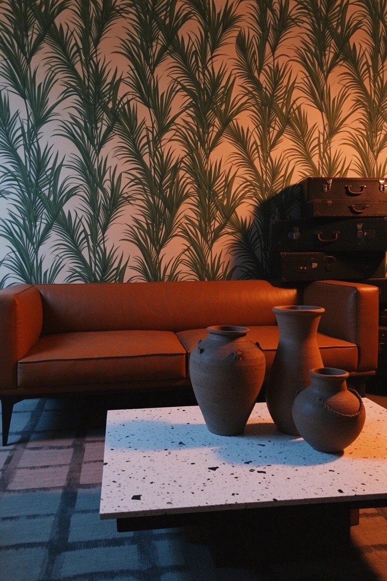 Cluster of terracotta vases on a white terrazzo coffee table in a modern boho living room with palm leaf wallpaper, brown leather sofa, and stacked luggage trunks