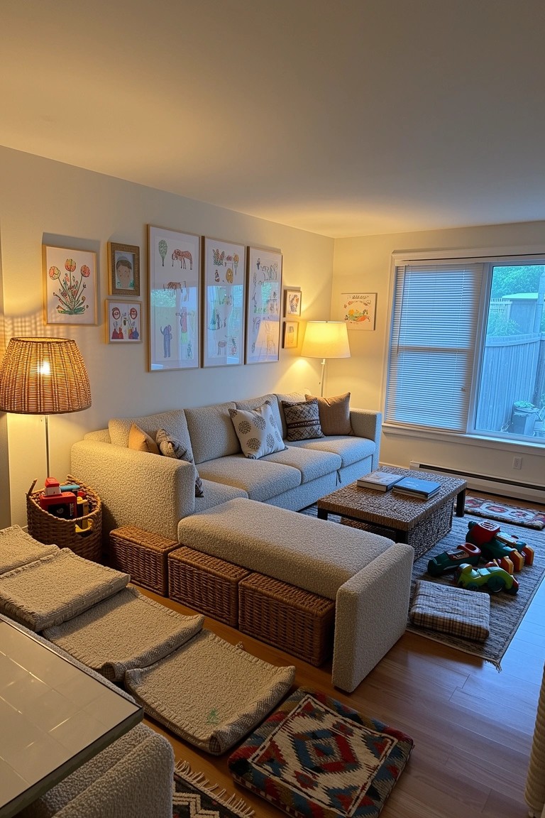 Beige L-shaped sofa in a light boho living room with woven baskets for toy storage and colorful floor cushions nearby