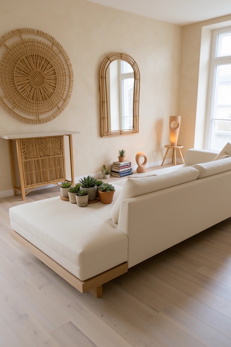 Light living room corner with large circular rattan wall hanging, arched mirror, wooden console topped with plants and books, sculptural lamp, and white sofa on wood floor