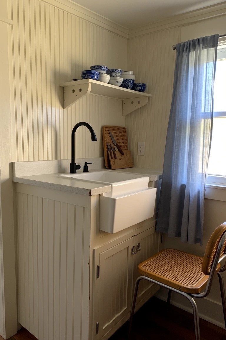 Cozy utility sink area with pale beadboard walls, white farmhouse sink, open shelves holding blue and white pottery, black faucet, and rattan chair nearby