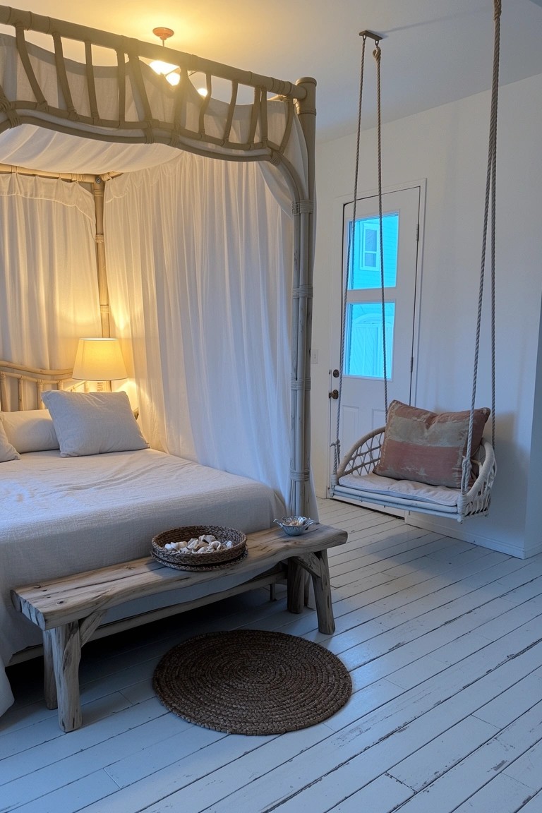 Coastal boho bedroom with bamboo canopy bed, white curtains, hanging swing seat with pillows, and wooden bench at the foot.