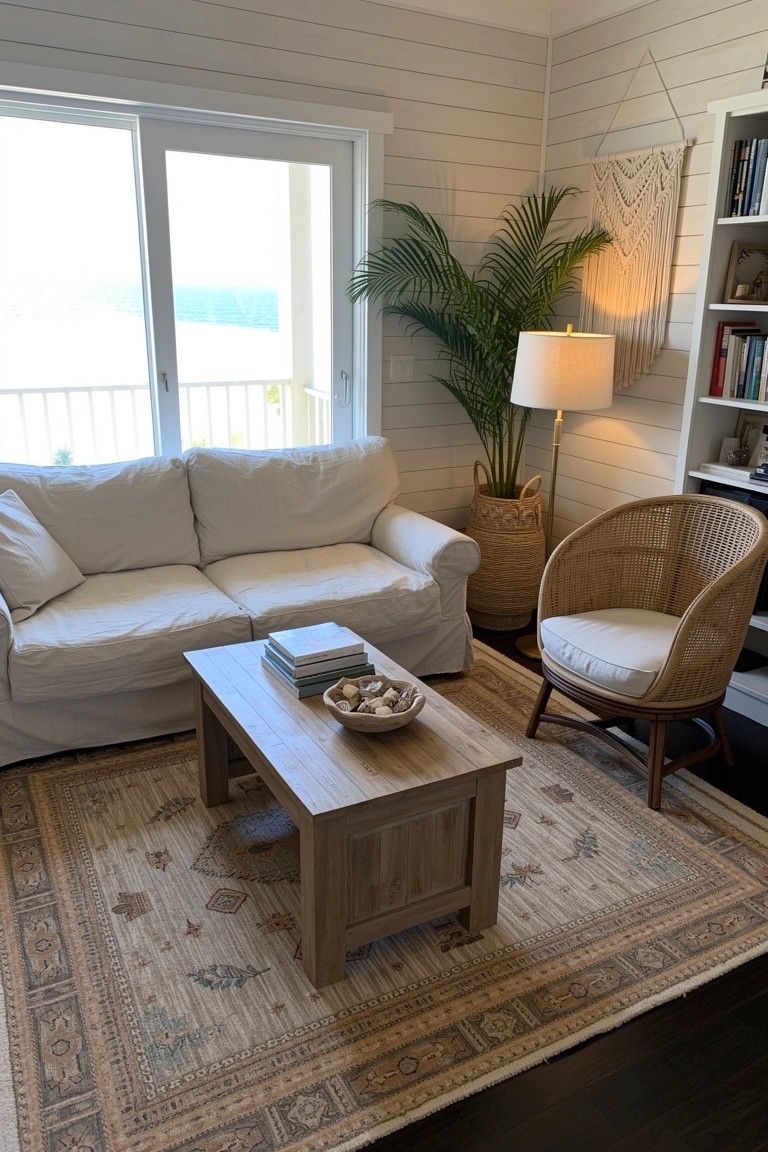 Coastal boho living room corner featuring white slipcovered sofa, rattan armchair with cushion, wooden coffee table, potted palm plant, and neutral rug near large windows