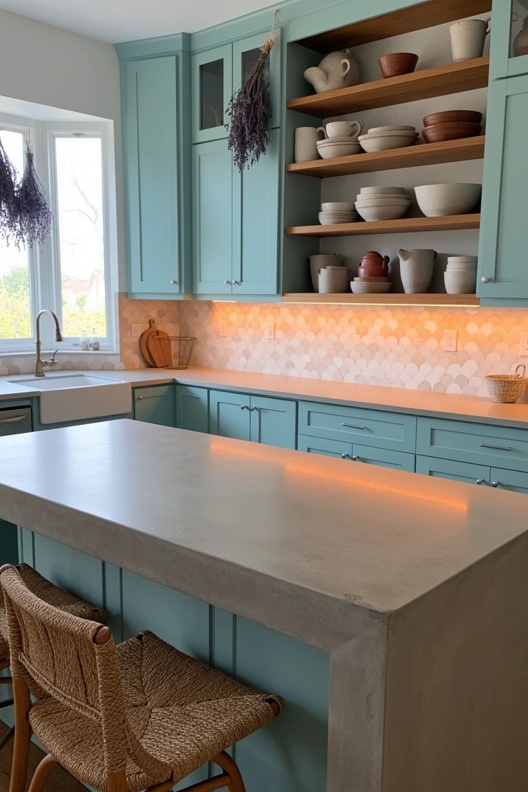 Coastal boho kitchen featuring teal cabinets, concrete island countertop, and woven bar stools with open shelving above
