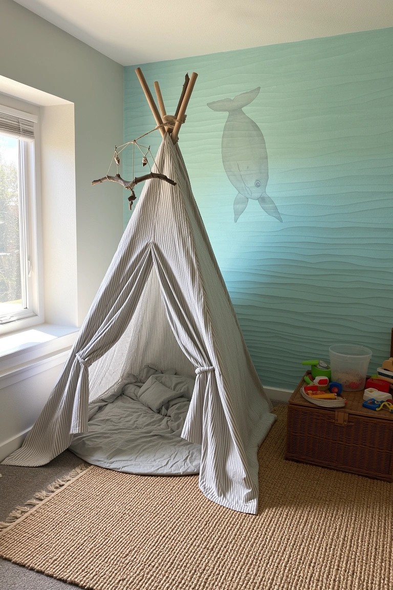 Gray canvas teepee tent with bamboo poles set up in a coastal boho kids' bedroom featuring a whale wall mural