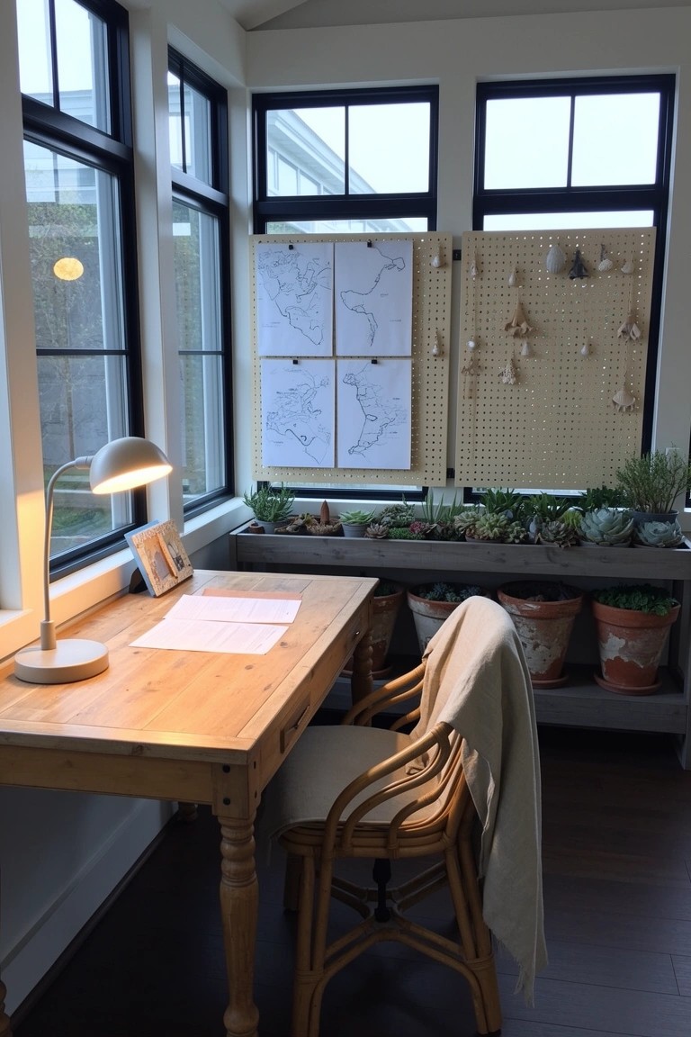 Sunroom desk area with wooden table, rattan chair, plants on shelves, and pegboard wall with maps