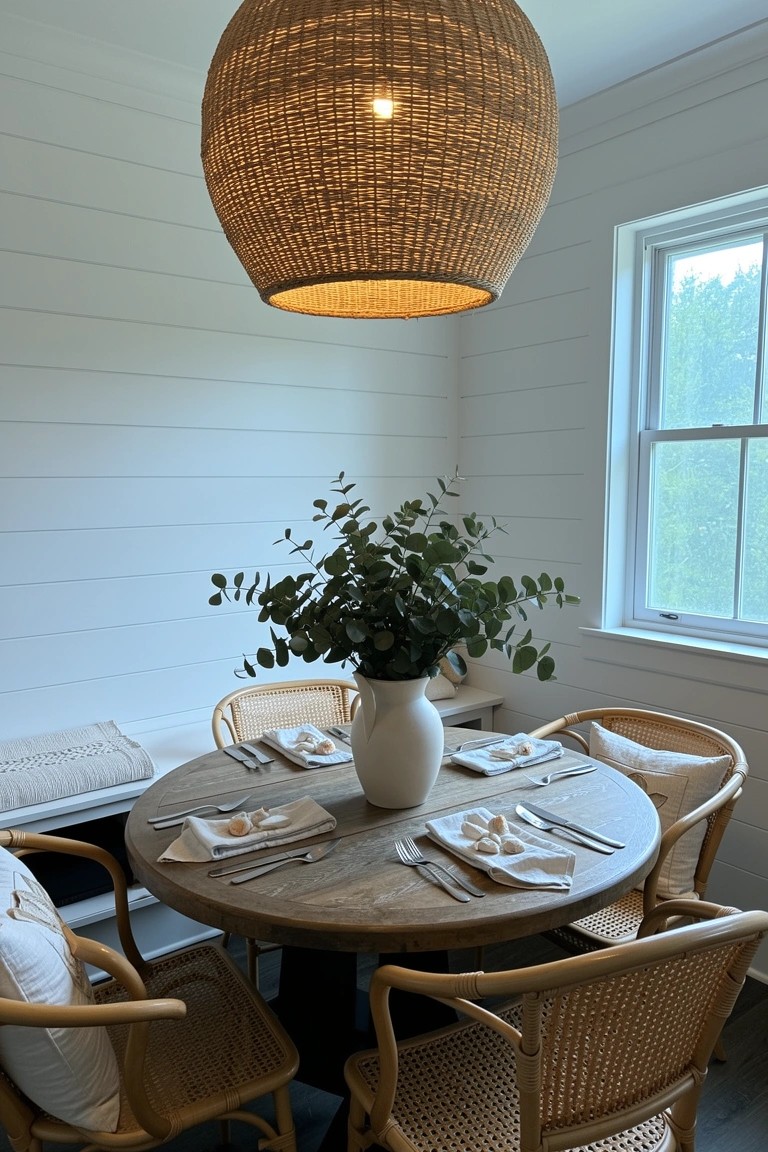 Cozy coastal boho dining nook featuring round wooden table, rattan chairs, cushioned bench, woven pendant light, and eucalyptus centerpiece in white shiplap room