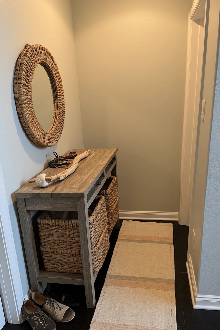 Slim driftwood console table with woven baskets for shoe storage in a coastal boho entry nook