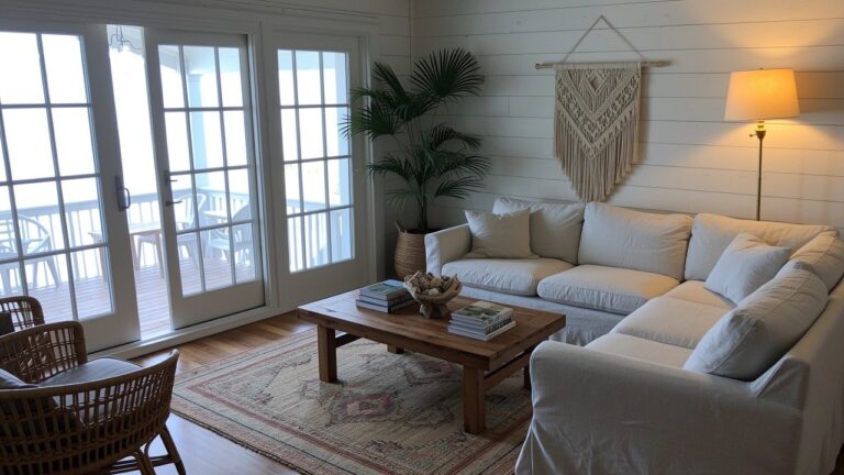 Coastal boho living room corner featuring white slipcovered sofa, rattan armchair with cushion, wooden coffee table, potted palm plant, and neutral rug near large windows