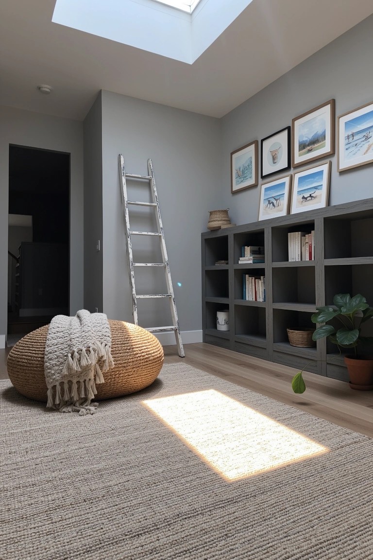 Cozy coastal boho nook with a leaning wooden ladder used as a bookshelf next to built-in gray shelves, ocean art on walls, potted plants, seagrass rug, and round woven pouf with throw under skylight