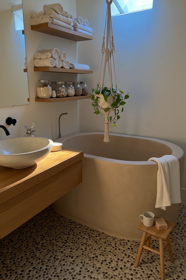 Oval beige concrete bathtub in a coastal boho bathroom with wooden vanity, hanging plant, open shelves, and pebble tile floor