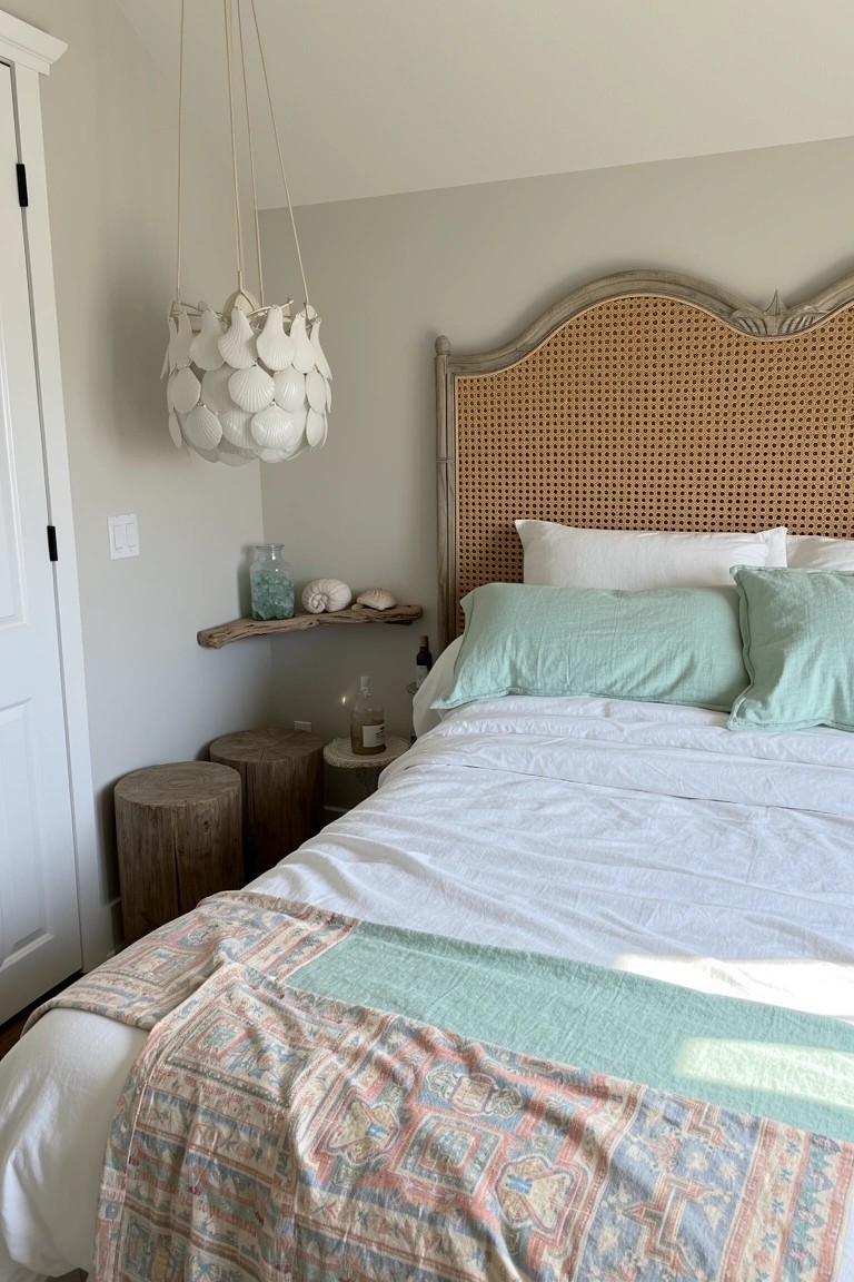 Coastal boho bedroom with beige rattan headboard, white sheets, mint pillows, shell pendant lamp, and driftwood shelf holding seashells and a candle