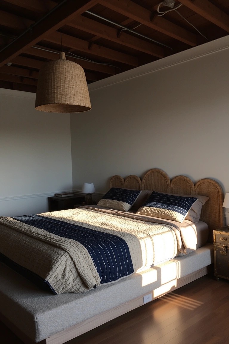Coastal boho bedroom with arched rattan headboard on platform bed, neutral striped bedding, and woven pendant light