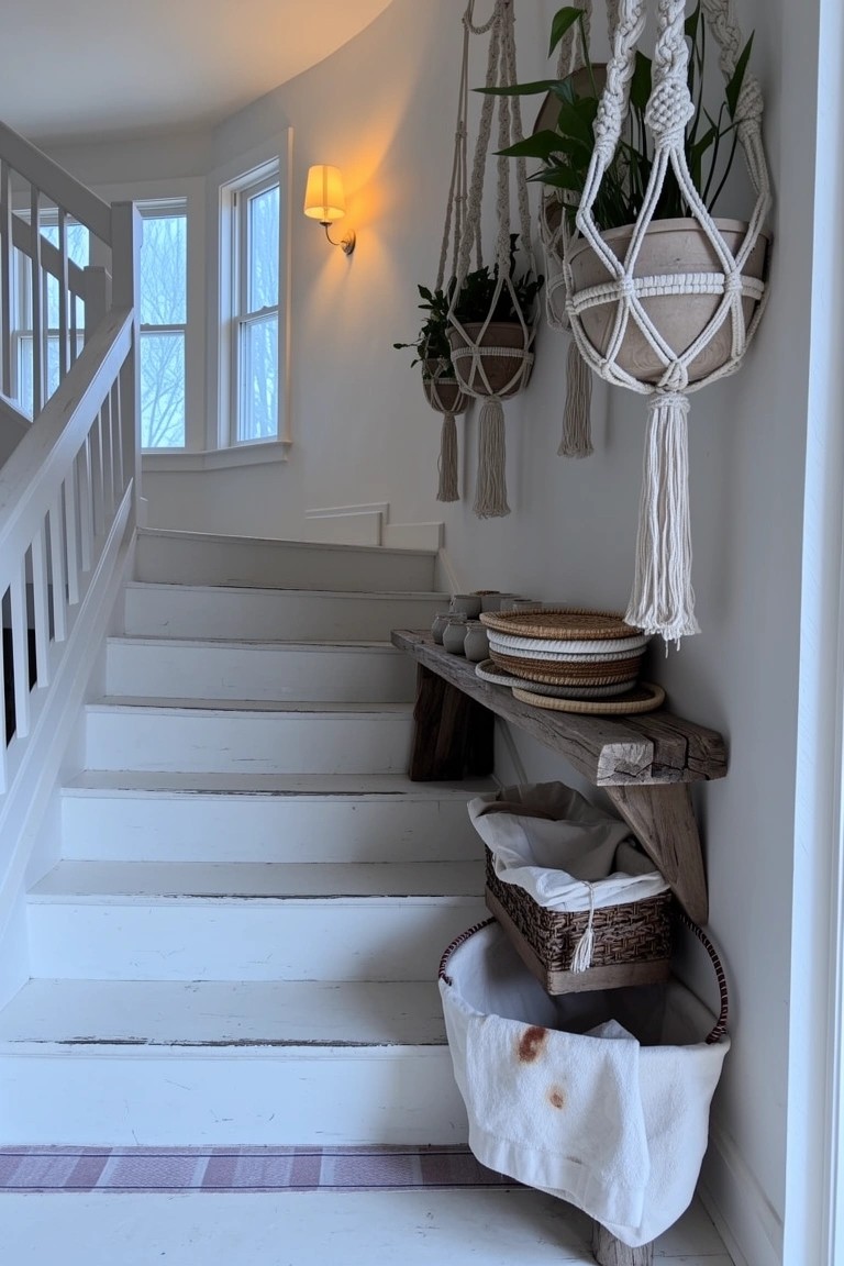 White curved staircase with rustic wooden wall shelf holding woven baskets, stacked plates, and a plant hanger nearby