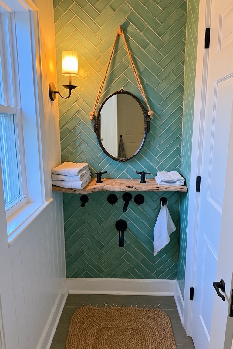 Teal herringbone subway tile walls in a compact coastal boho powder room with rope mirror and wood vanity