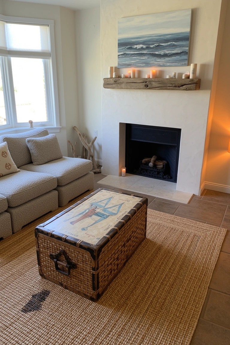 Cozy coastal living room with gray sofa, nautical painted wooden trunk coffee table on seagrass rug, white fireplace, and candles on wooden mantel