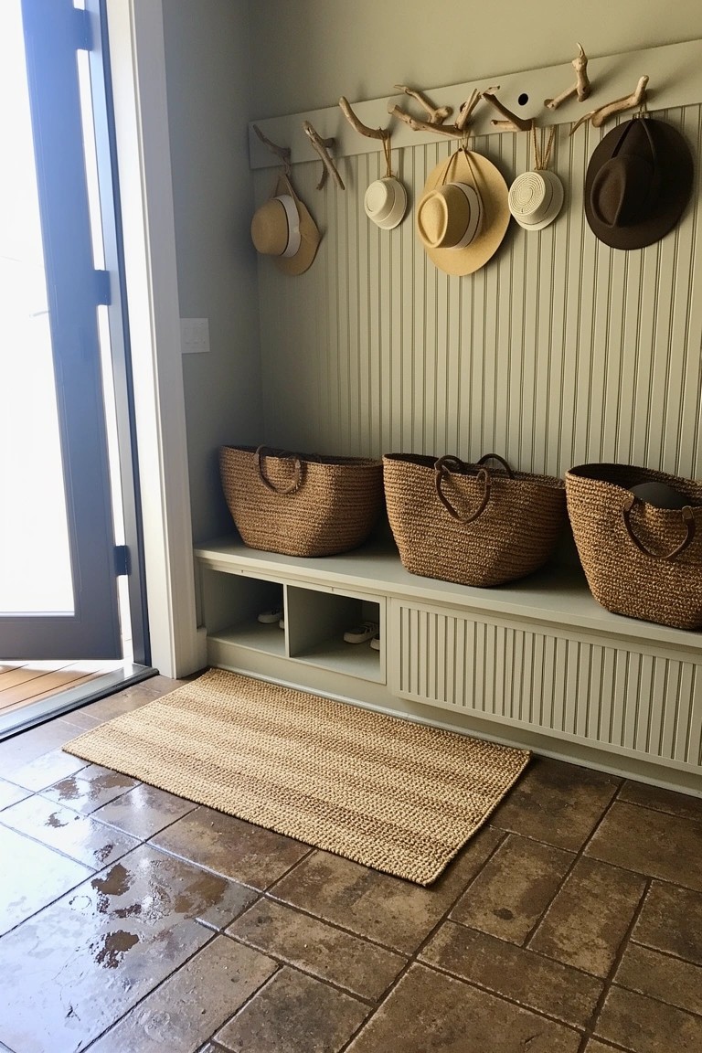 Woven seagrass baskets under a bench in a coastal boho mudroom with hats hanging on antler hooks