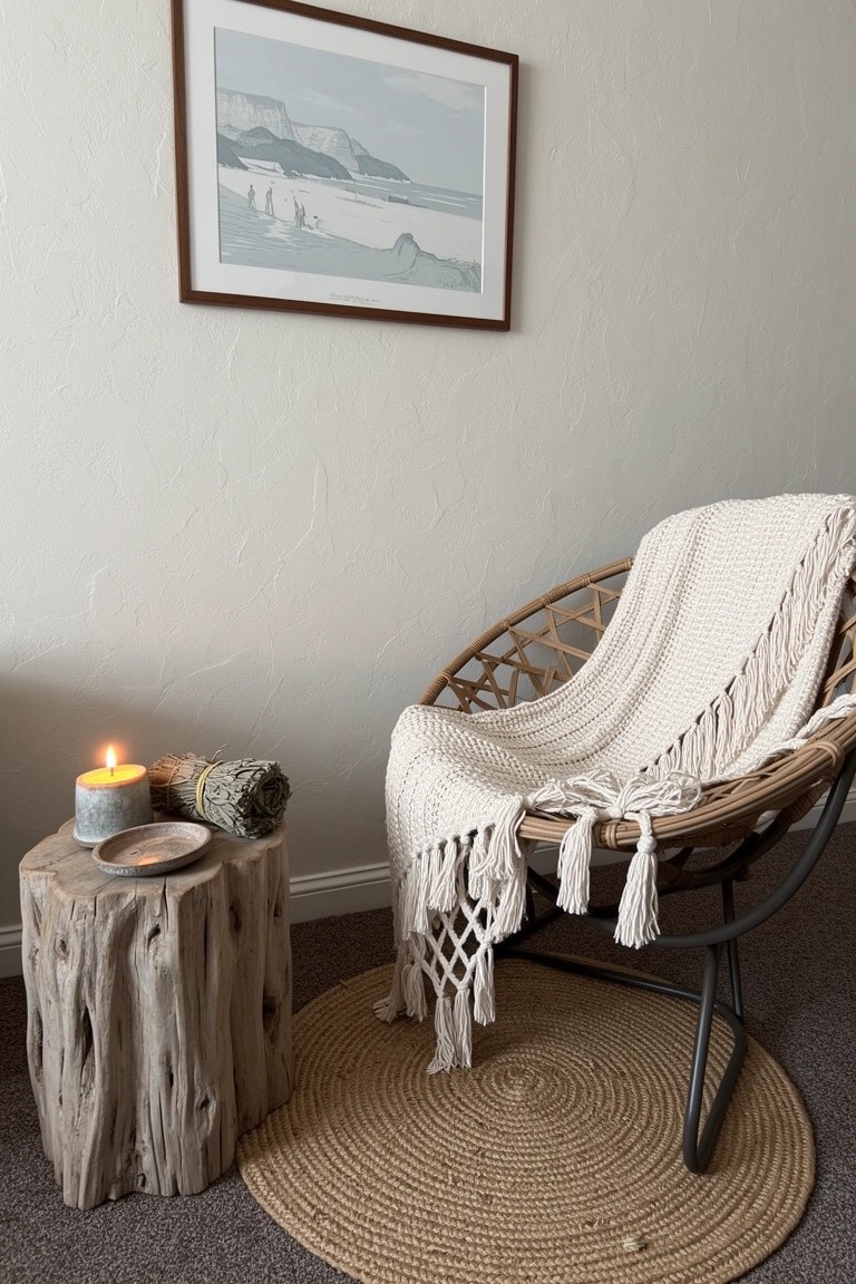 Cozy woven egg chair with white fringed throw in a light corner, beside driftwood side table with candle and sage, on seagrass rug