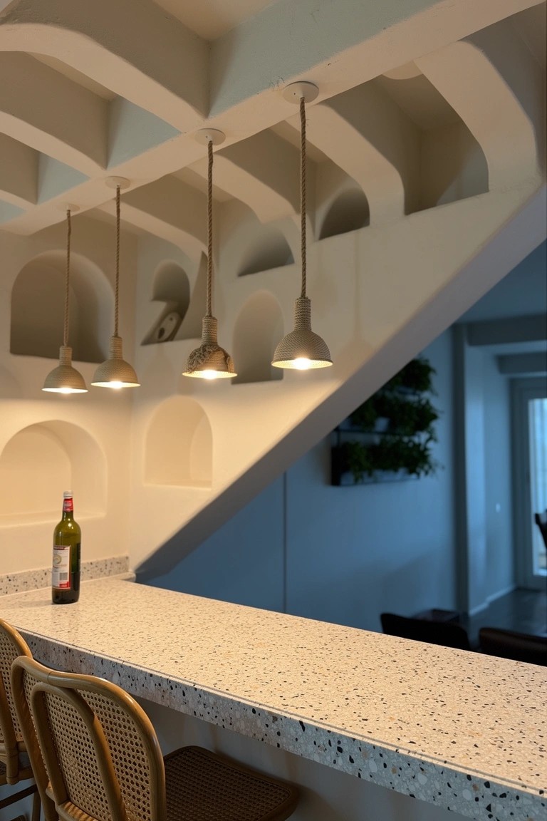 White plaster ceiling with arched niches and hanging conical pendant lights over a speckled white bar counter with rattan stools