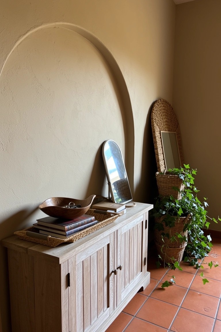 Wooden console table under beige arched wall niche, topped with stacked books, wooden bowl, and round mirror, with tall leaning woven mirror and potted ivy beside it on terracotta floor
