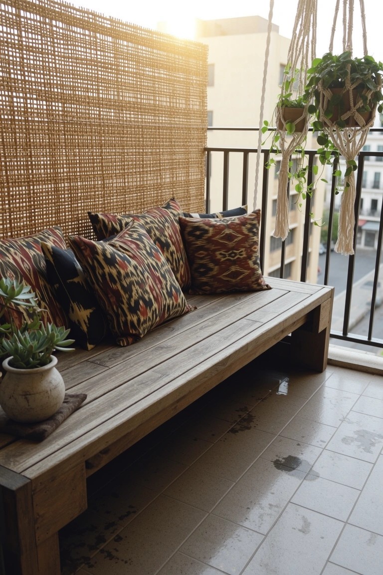 Wooden bench on a balcony with layered colorful patterned pillows, bamboo privacy screen, and hanging plants