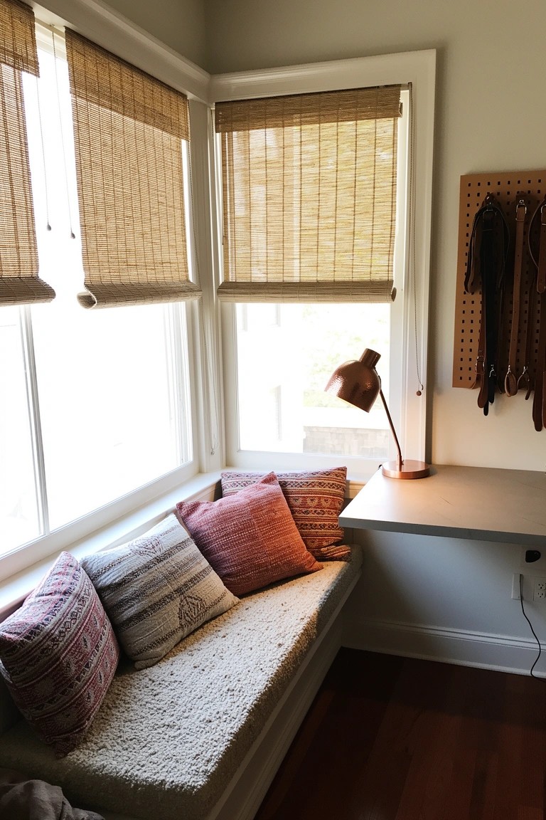 Cozy corner window seat with layered patterned pillows and bamboo shades next to a wooden desk