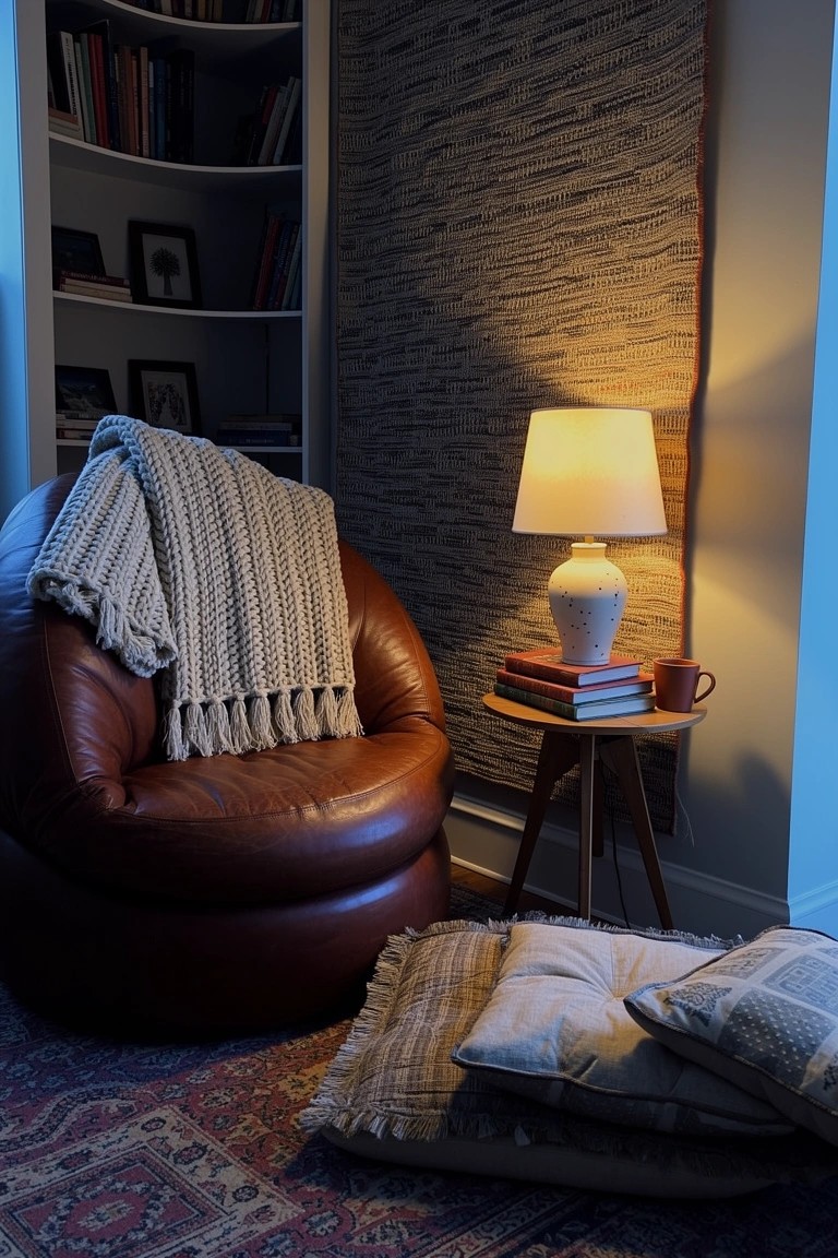 Brown leather armchair draped with gray knit throw next to wooden side table, lamp, and books in textured boho corner
