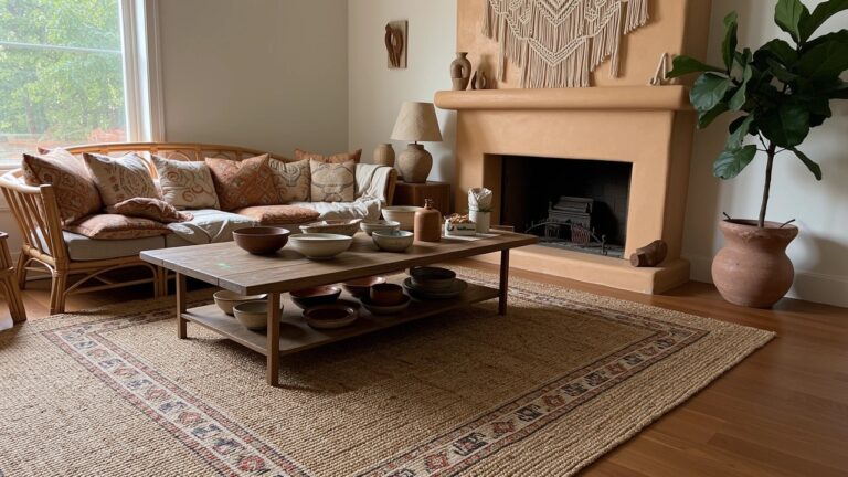 23 Textured Boho Decor Ideas To Add Depth And Visual Interest Boho living room with white rattan sofa topped by patterned pillows, wooden coffee table displaying assorted ceramic bowls, colorful textured rug, potted plants, macrame hangings, and neutral walls around a fireplace