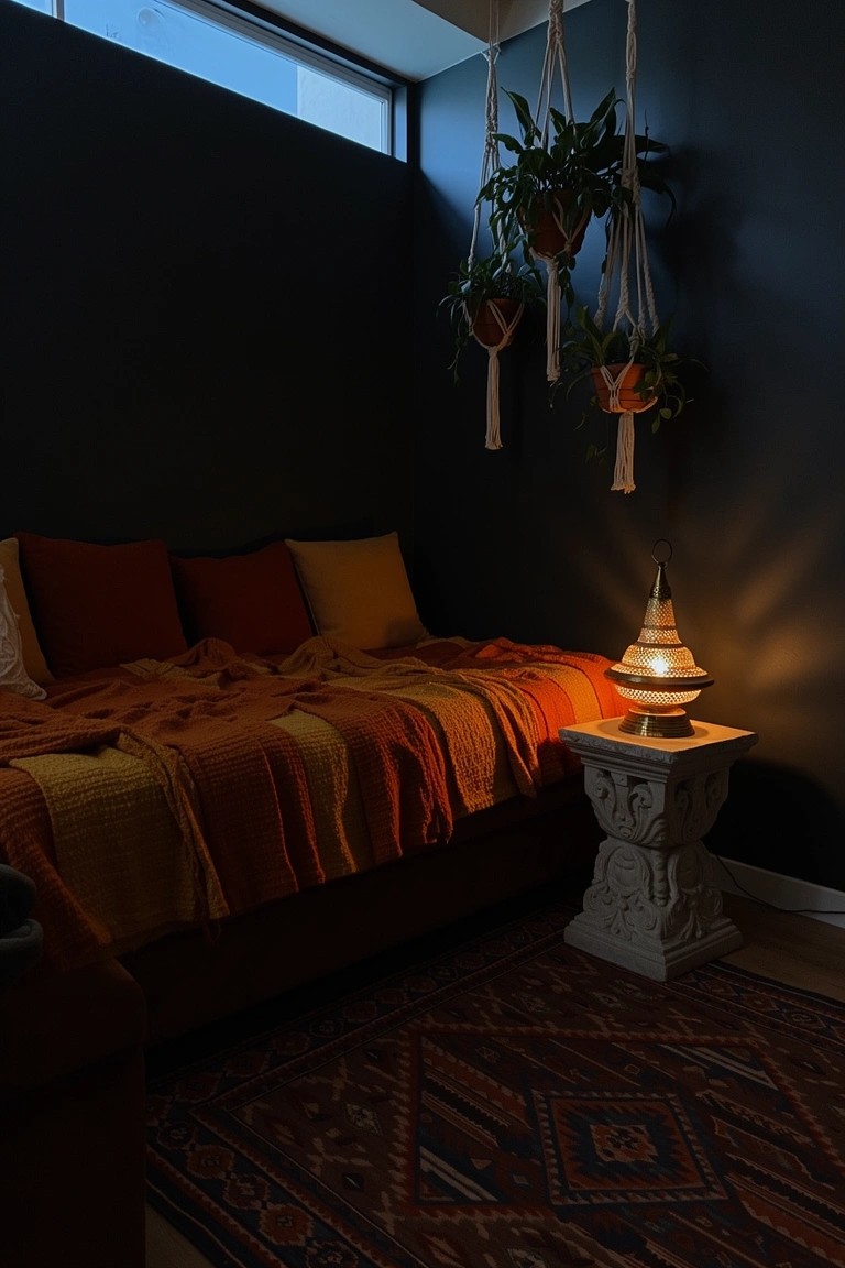 Boho daybed nook with layered colorful quilts in warm tones, ornate pedestal lamp, hanging plants, and patterned rug on dark wall