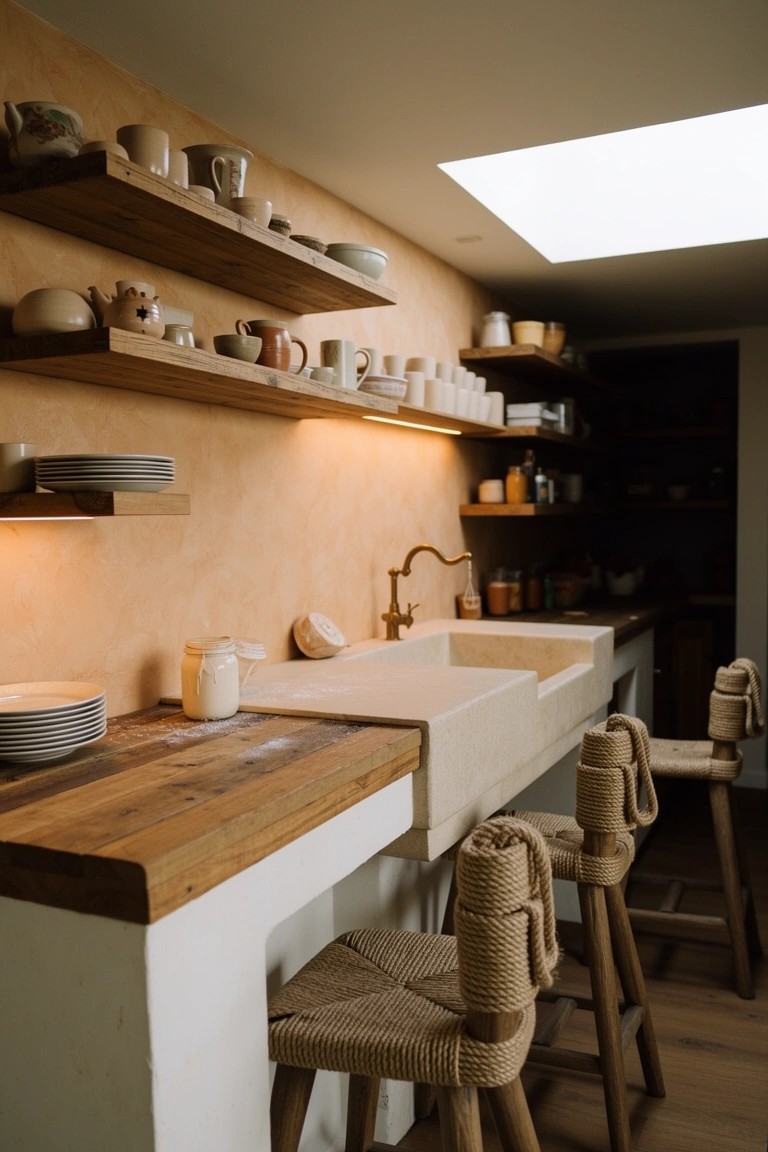 Boho kitchen with open wooden shelves displaying assorted ceramic pottery, rattan-wrapped bar stools at a wooden island, textured beige walls, and large white sink
