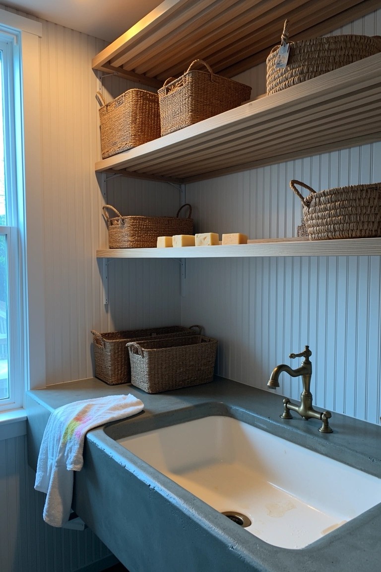 Wooden open shelves holding wicker baskets and soap bars above a white farmhouse sink in a white paneled room