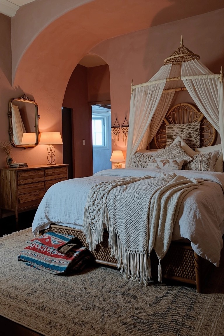Boho bedroom with rattan canopy bed draped in sheer white fabric, terracotta pink walls, layered pillows and throws on white bedding.