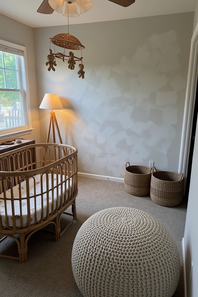 Boho nursery with rattan crib against textured gray wall, knit pouf, and woven baskets